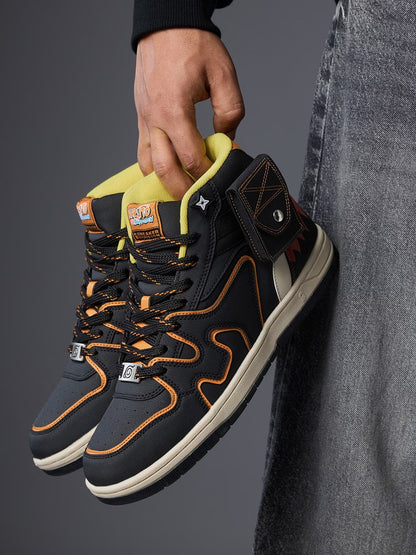 Shoevy Black & Orange Mid-Top Sneakers | Rugged Street Outdoor Shoes