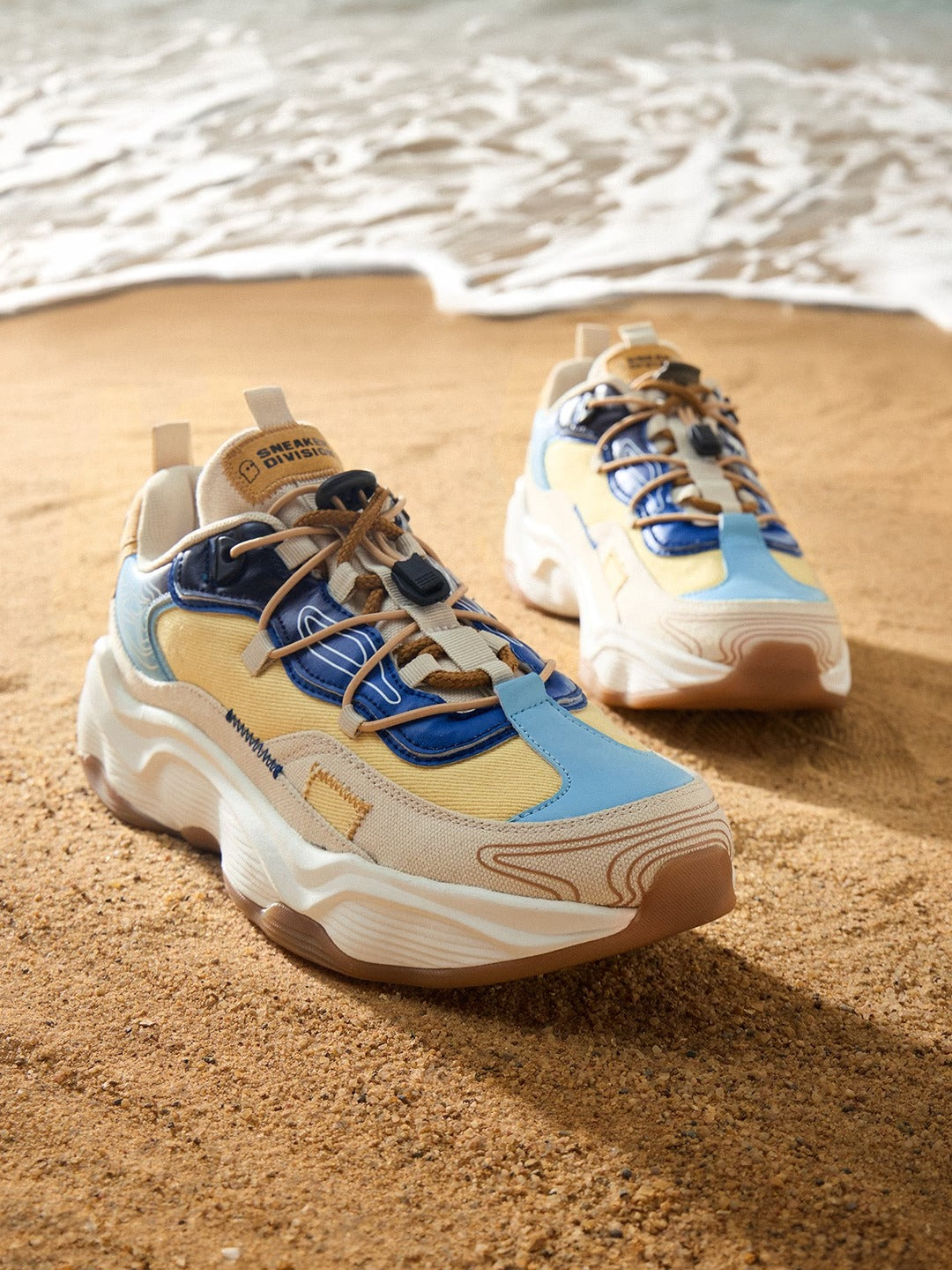 Shoevy Beige & Blue Chunky Sneakers | Coastal Lifestyle Street Shoes