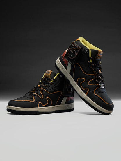 Shoevy Black & Orange Mid-Top Sneakers | Rugged Street Outdoor Shoes