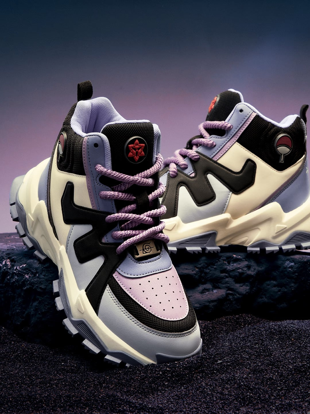 Shoevy Cream, Black & Lavender Chunky Sneakers | Street Lifestyle Shoes