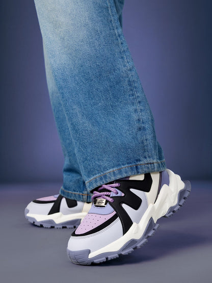 Shoevy Cream, Black & Lavender Chunky Sneakers | Street Lifestyle Shoes