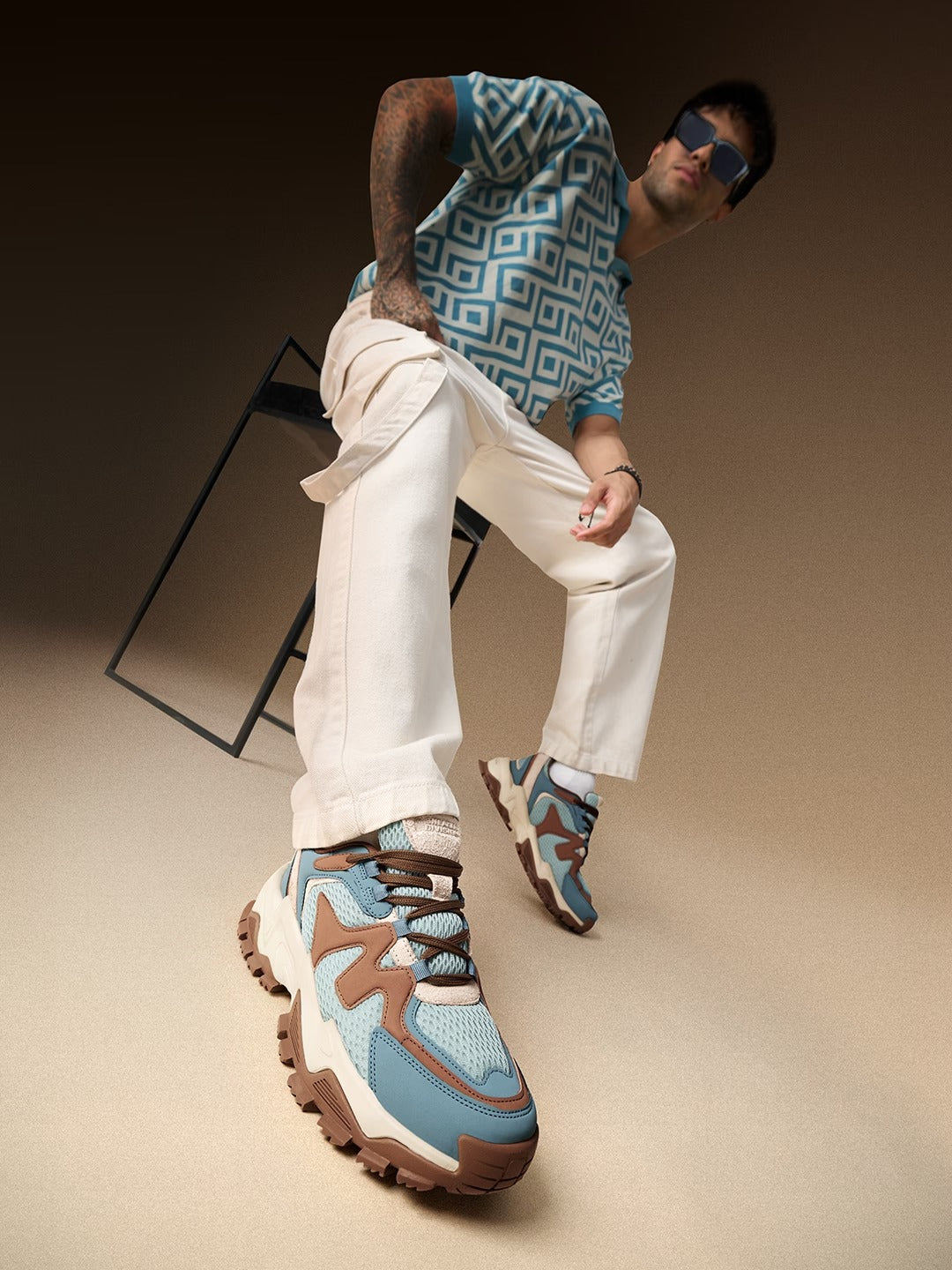 Shoevy Blue & Brown Chunky Sneakers | Outdoor Lifestyle Street Shoes